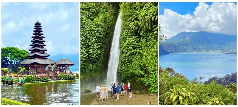 collase picture Beratan temple, red coral waterfall and twin lake view point. the highland tour from celukan bawang